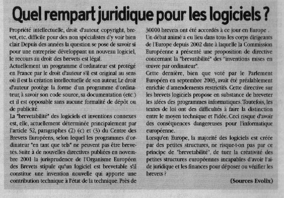 Evolix rédige un article sur les brevets logiciels (Marseille Hebdo - Semaine du 25/05/05)