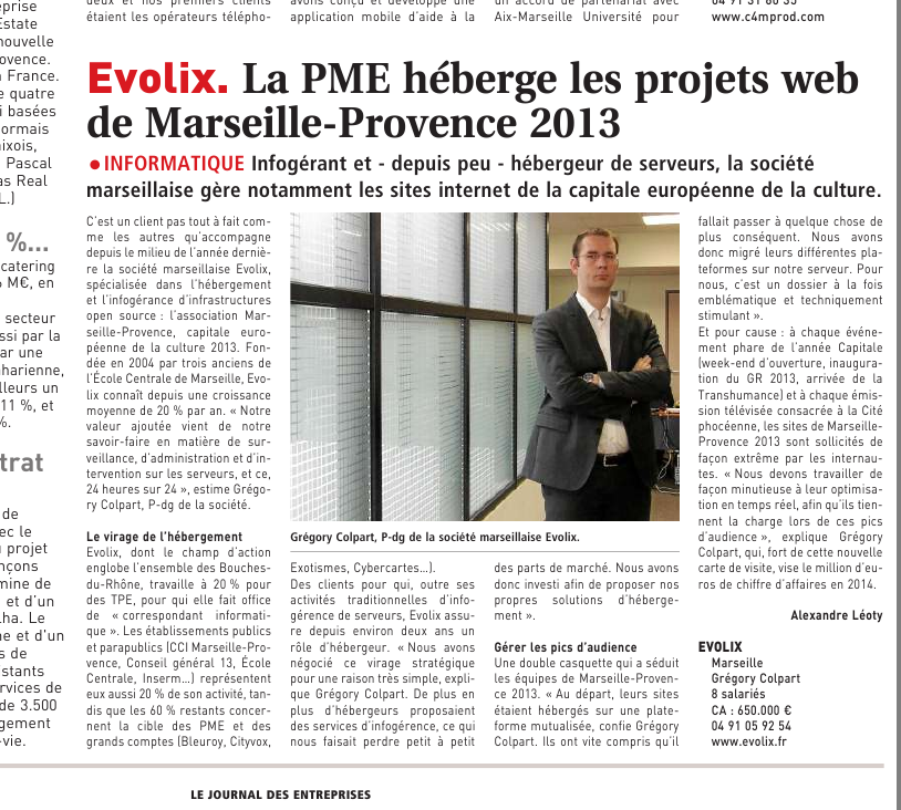 Evolix, la PME heberge les projets web Marseille-Provence 2013